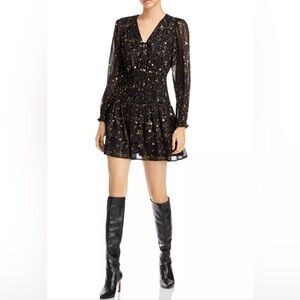 AQUA Star Print Smocked Black & Gold Star Print Smocked Mini Dress Long Sleeve